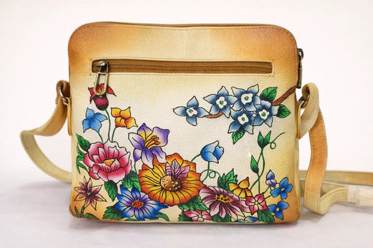 Shantiniketan Hand-Painted Genuine Leather Sling Bag with Matching Coin Pouch – Floral Art