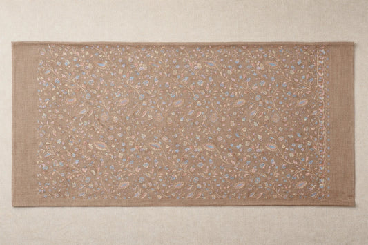 Fine Wool Aari Embroidered Stole-Handcrafted Floral Scarf in Warm Beige Tones