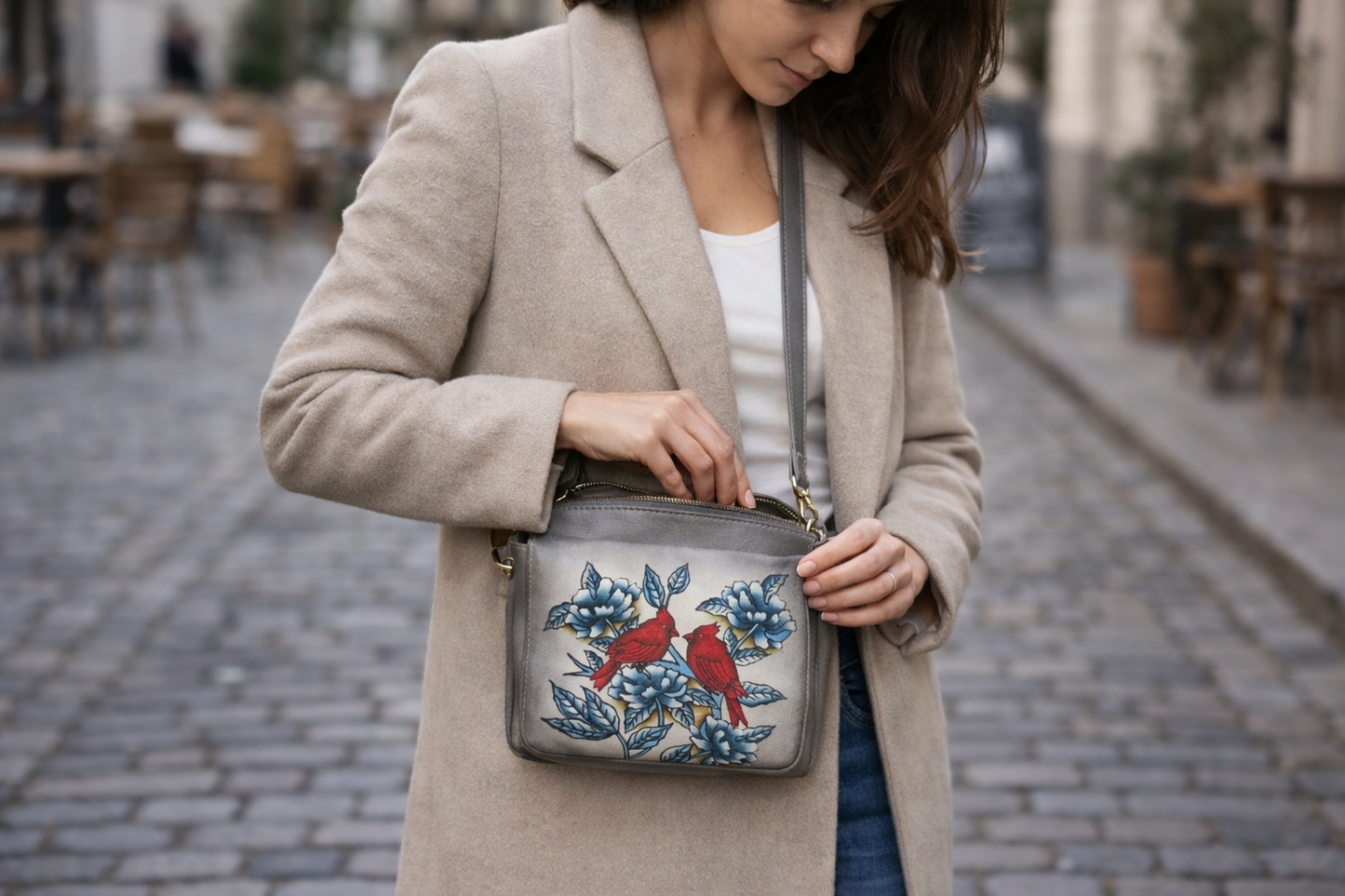 Shantiniketan Hand-Painted Genuine Leather Sling Bag with Matching Coin Pouch – Grey Floral Bird Art