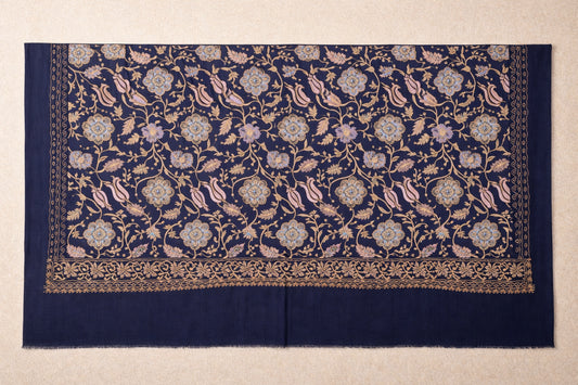 Fine Wool Aari Embroidered Stole – Handcrafted Floral Scarf in Deep Navy Blue