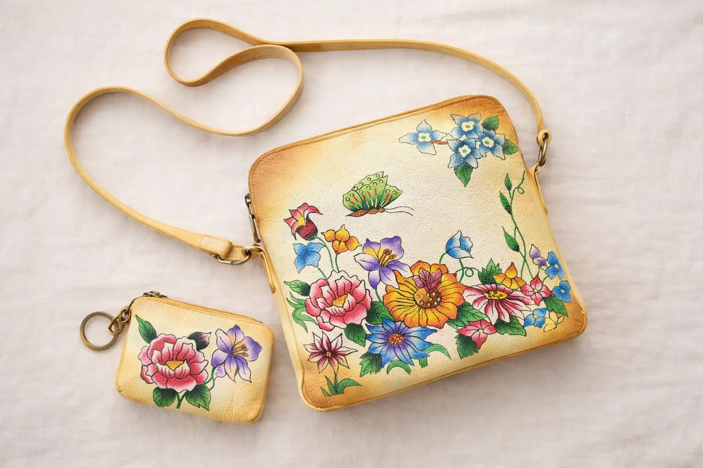 Shantiniketan Hand-Painted Genuine Leather Sling Bag with Matching Coin Pouch – Floral Art