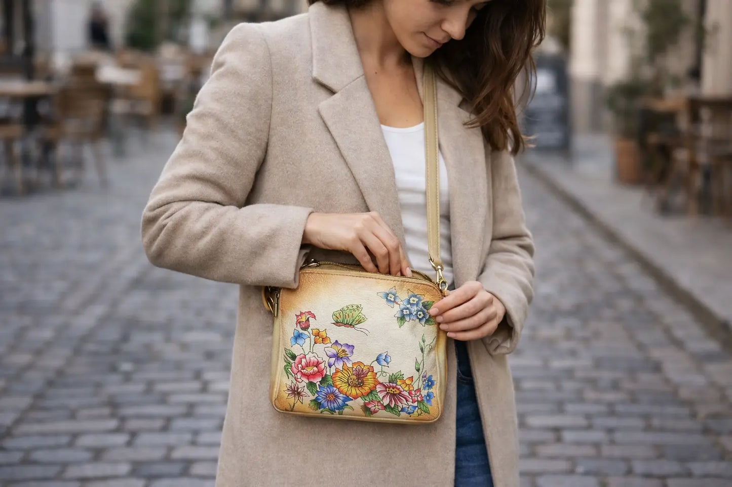 Shantiniketan Hand-Painted Genuine Leather Sling Bag with Matching Coin Pouch – Floral Art