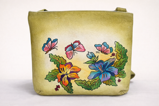 Shantiniketan Hand-Painted Genuine Leather Sling Bag – Olive Green Floral Butterfly Art