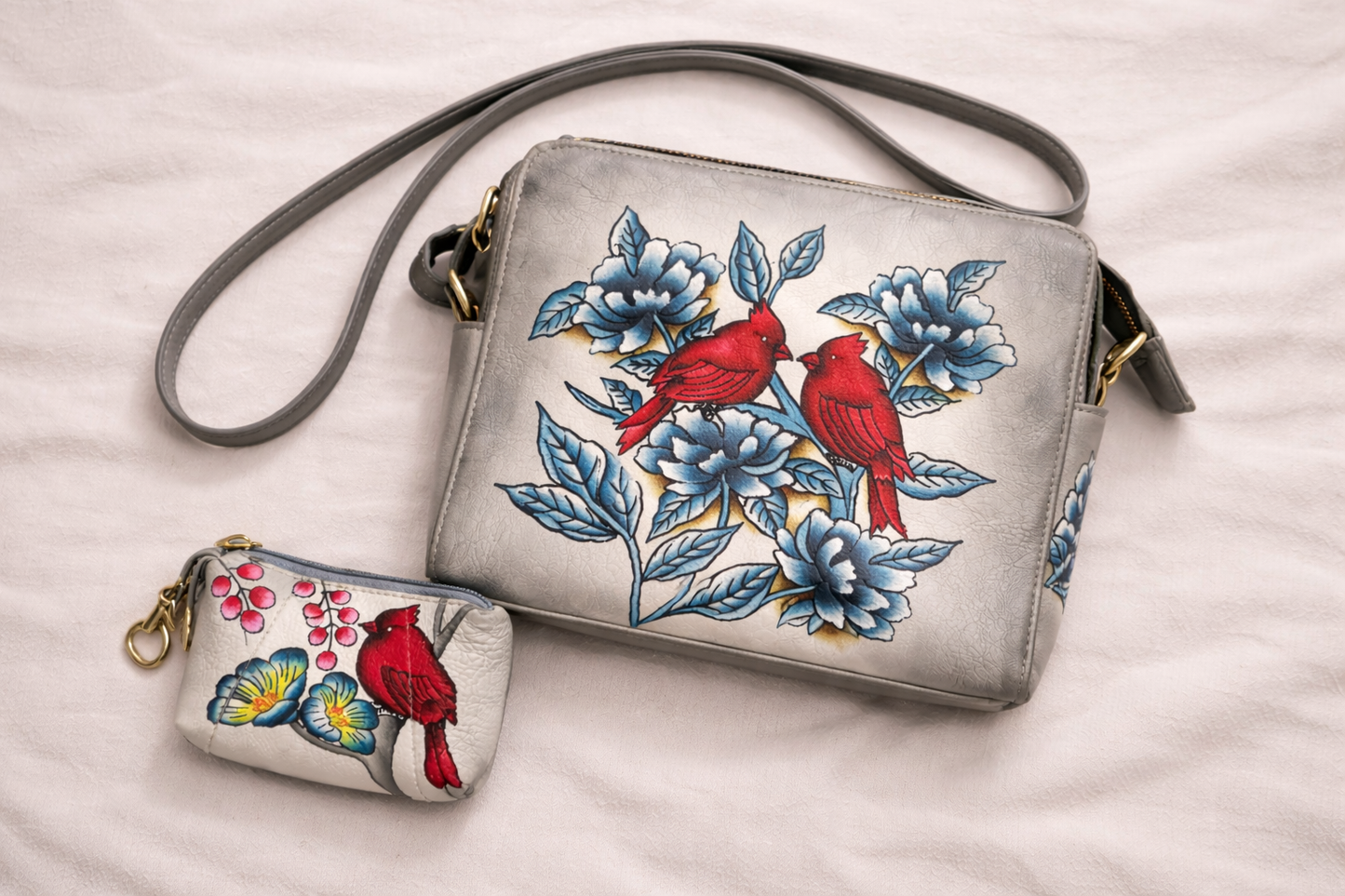 Shantiniketan Hand-Painted Genuine Leather Sling Bag with Matching Coin Pouch – Grey Floral Bird Art