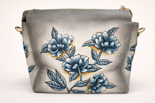 Shantiniketan Hand-Painted Genuine Leather Sling Bag with Matching Coin Pouch – Grey Floral Bird Art