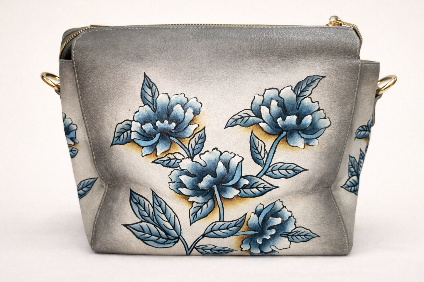 Shantiniketan Hand-Painted Genuine Leather Sling Bag with Matching Coin Pouch – Grey Floral Bird Art