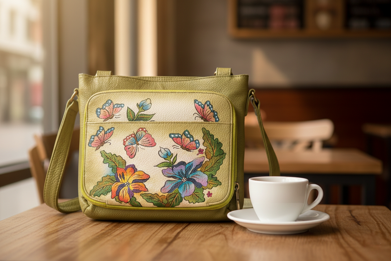 Shantiniketan Hand-Painted Genuine Leather Sling Bag – Olive Green Floral Butterfly Art