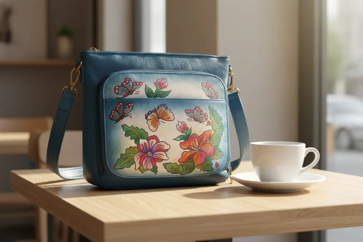 Shantiniketan Hand-Painted Genuine Leather Sling Bag – Deep Blue Floral Butterfly Art