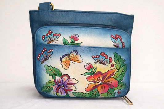 Shantiniketan Hand-Painted Genuine Leather Sling Bag – Deep Blue Floral Butterfly Art