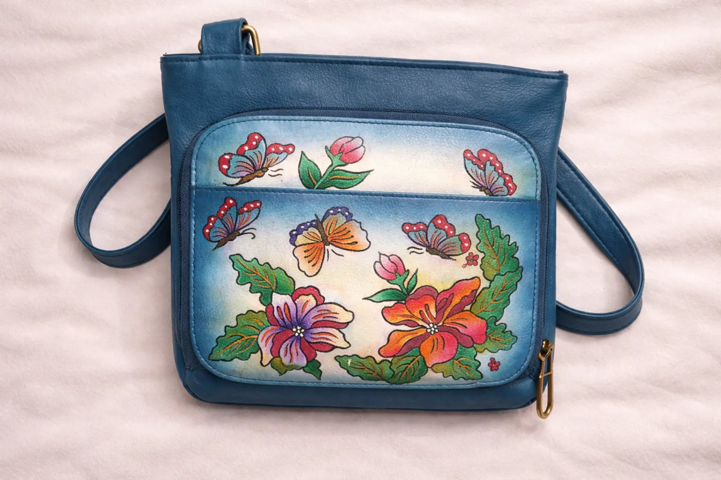 Shantiniketan Hand-Painted Genuine Leather Sling Bag – Deep Blue Floral Butterfly Art