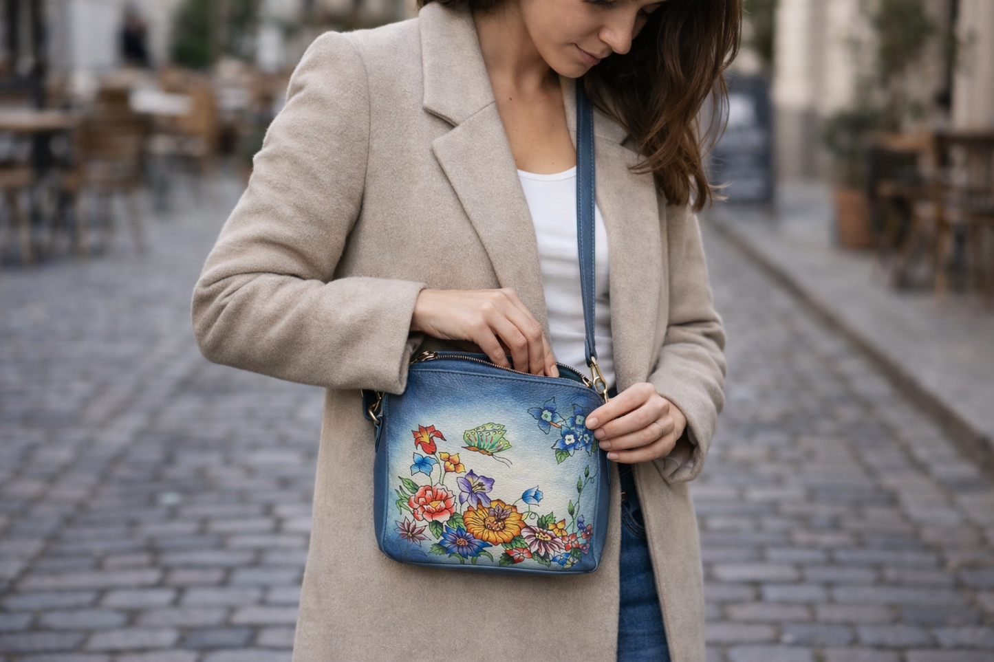 Shantiniketan Hand-Painted Genuine Leather Sling Bag with Matching Coin Pouch – Blue Floral Butterfly Art
