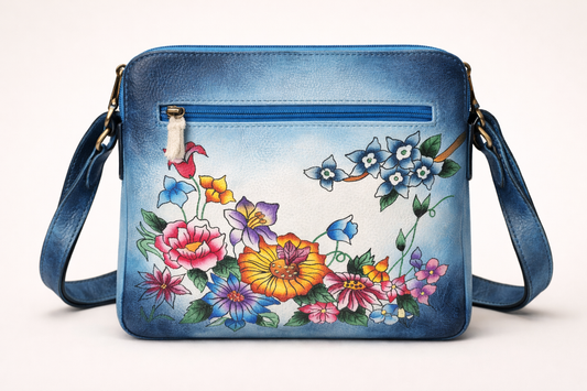 Shantiniketan Hand-Painted Genuine Leather Sling Bag with Matching Coin Pouch – Blue Floral Butterfly Art