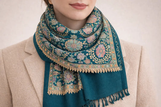 Heritage Floral Embroidered Scarf – Teal Green with Multicolor Threadwork