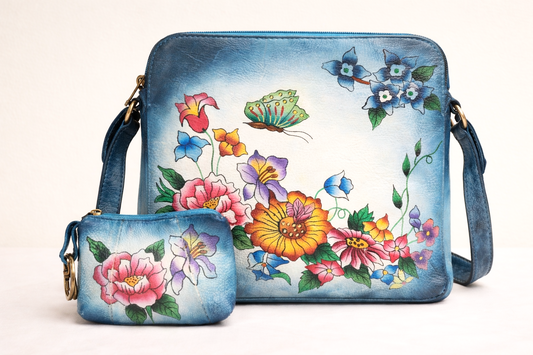 Shantiniketan Hand-Painted Genuine Leather Sling Bag with Matching Coin Pouch – Blue Floral Butterfly Art