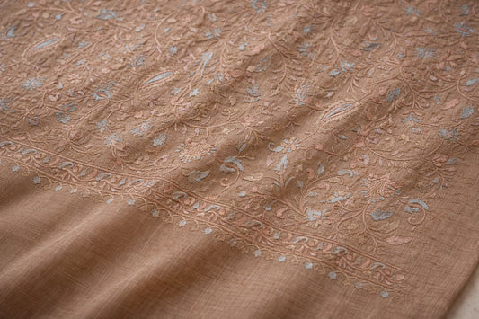 Fine Wool Aari Embroidered Stole-Handcrafted Floral Scarf in Warm Beige Tones