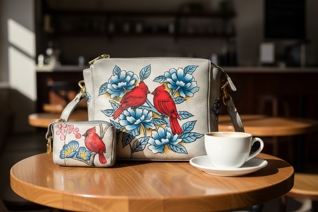 Shantiniketan Hand-Painted Genuine Leather Sling Bag with Matching Coin Pouch – Grey Floral Bird Art