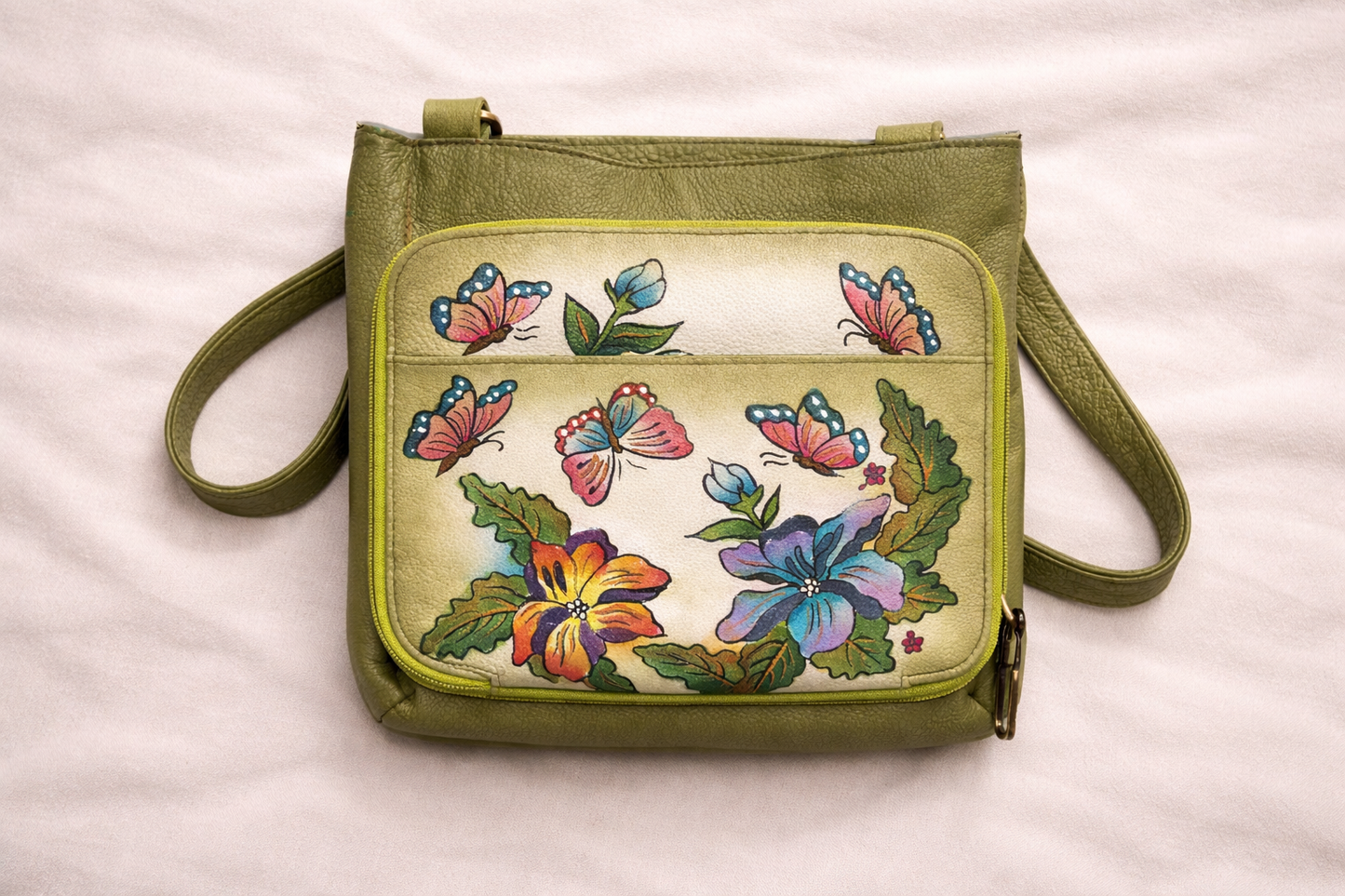 Shantiniketan Hand-Painted Genuine Leather Sling Bag – Olive Green Floral Butterfly Art