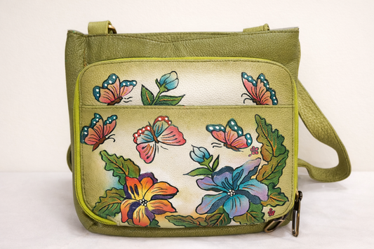 Shantiniketan Hand-Painted Genuine Leather Sling Bag – Olive Green Floral Butterfly Art