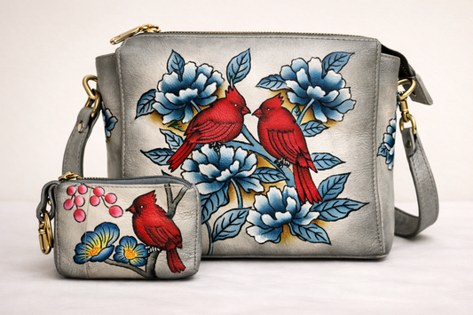 Shantiniketan Hand-Painted Genuine Leather Sling Bag with Matching Coin Pouch – Grey Floral Bird Art