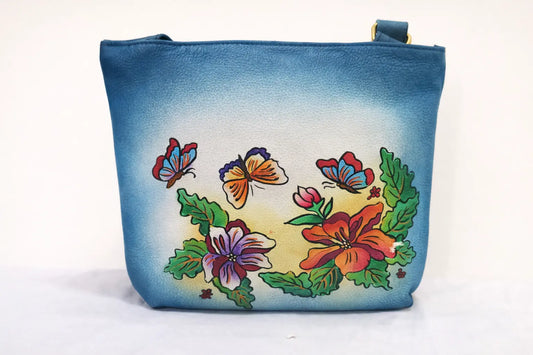Shantiniketan Hand-Painted Genuine Leather Sling Bag – Deep Blue Floral Butterfly Art