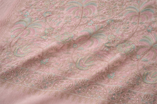 Fine Wool Aari Embroidered Stole – Handcrafted Floral Scarf in Soft Blush Pink