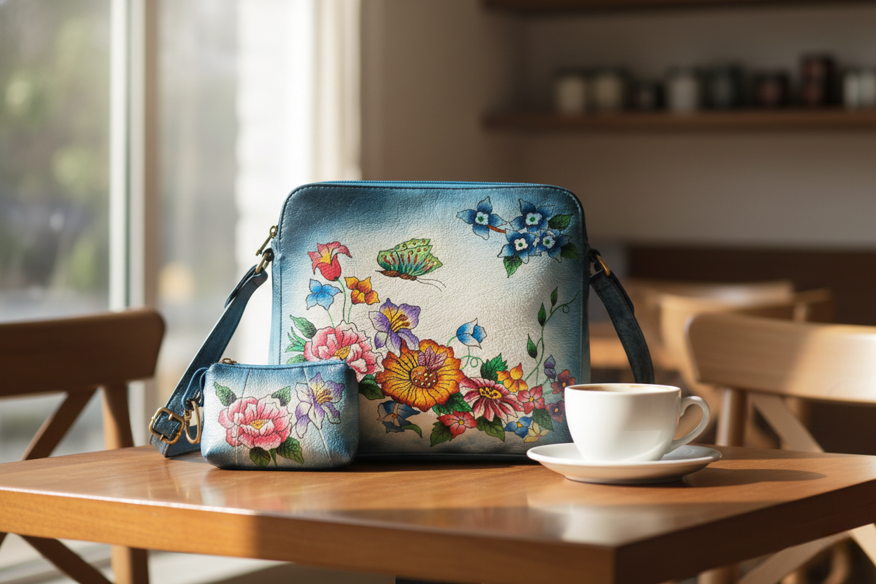 Shantiniketan Hand-Painted Genuine Leather Sling Bag with Matching Coin Pouch – Blue Floral Butterfly Art
