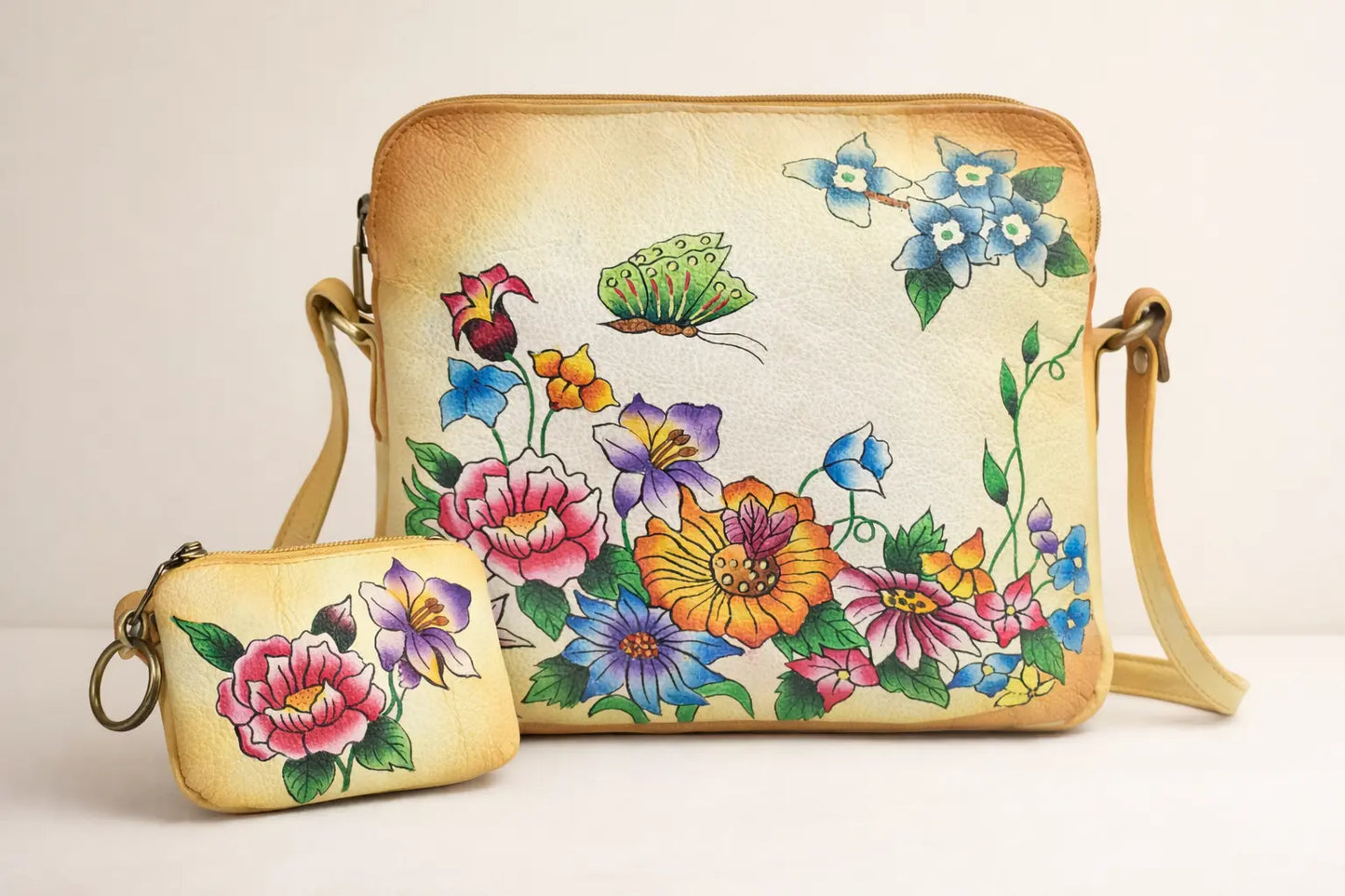 Shantiniketan Hand-Painted Genuine Leather Sling Bag with Matching Coin Pouch – Floral Art